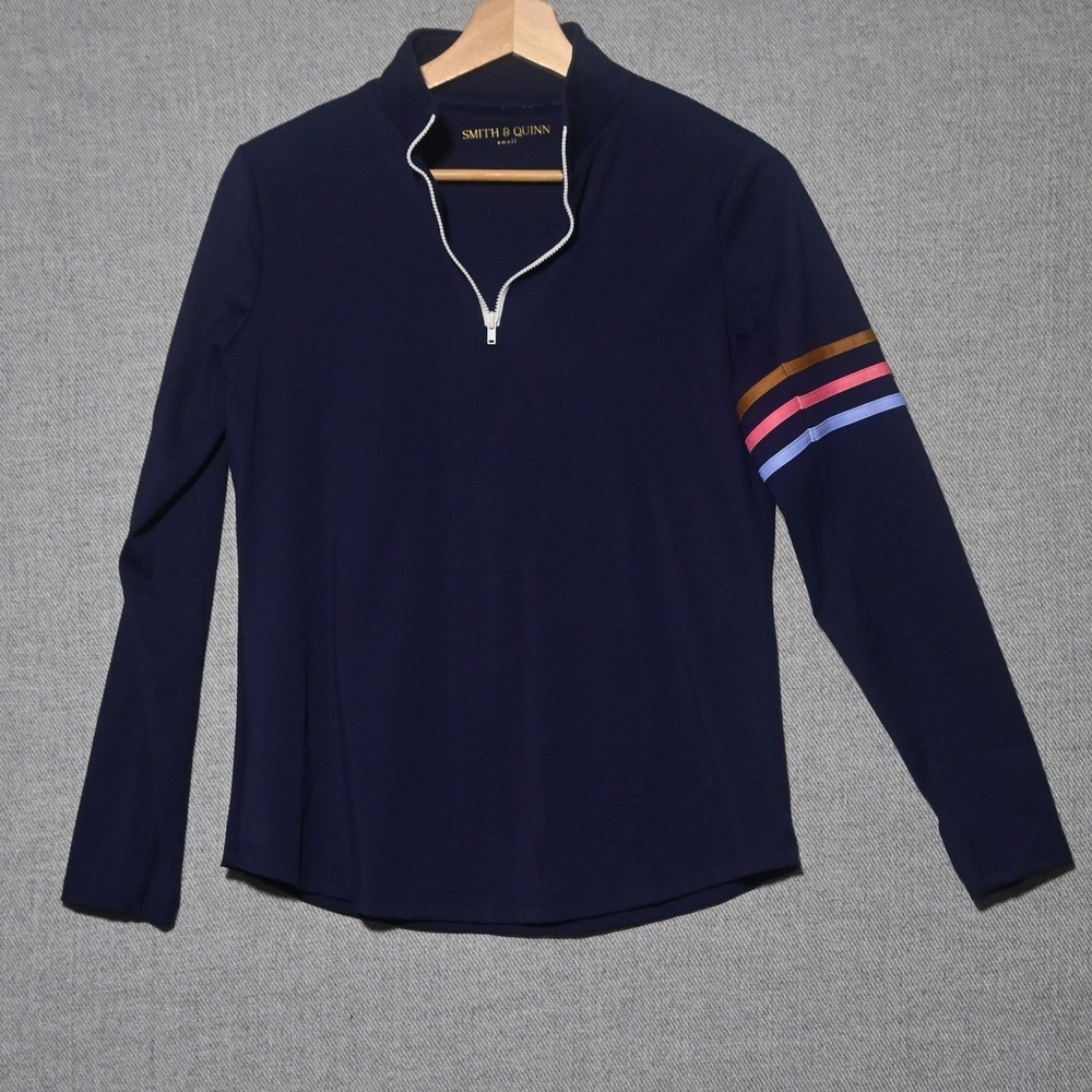 Smith & Quinn Pullover Womens Quarter Zip Stripe Sleeve Small Navy Blue